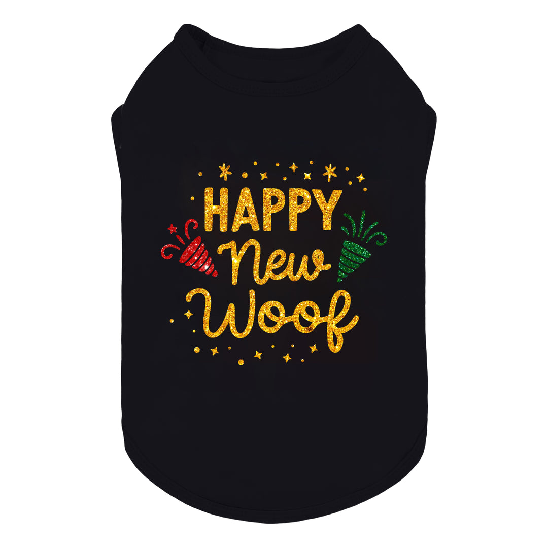 Black dog shirt featuring a festive ‘Happy New Woof’ glitter-style graphic with colorful party icons.