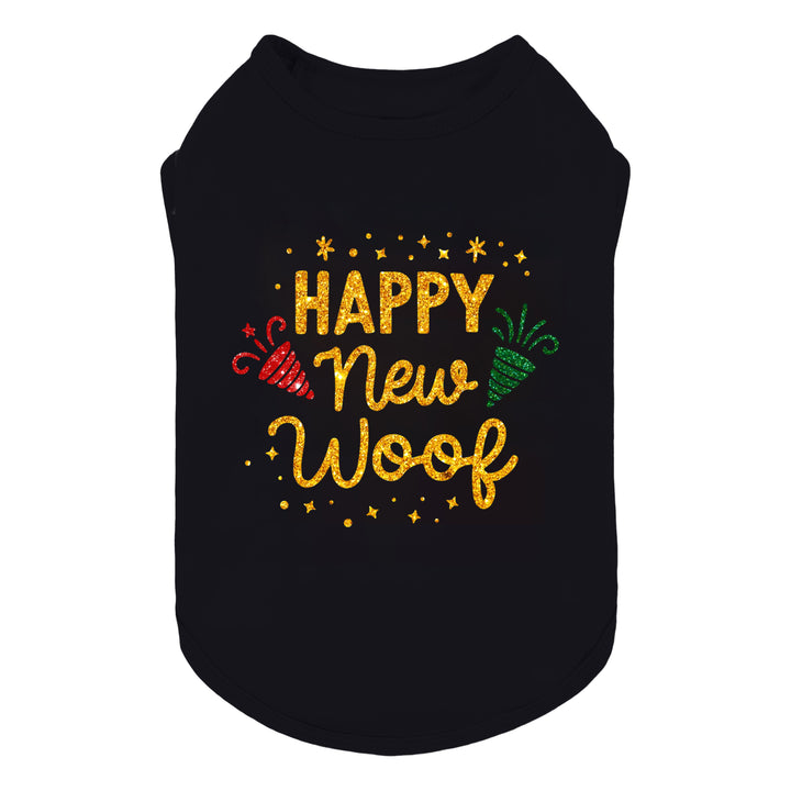 Black dog shirt featuring a festive ‘Happy New Woof’ glitter-style graphic with colorful party icons.