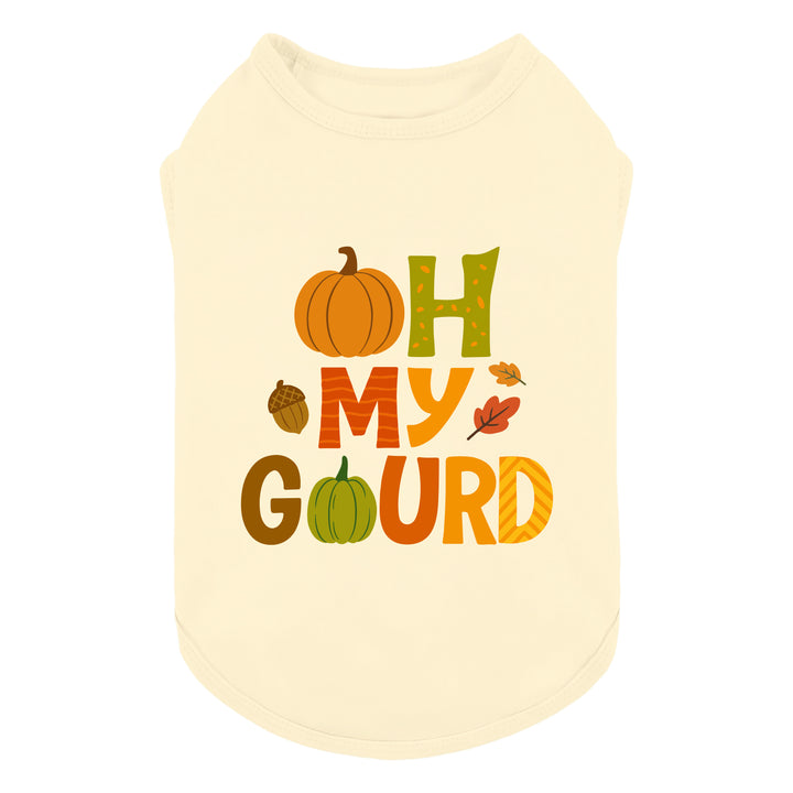 Fall dog shirt in cream color with “Oh My Gourd” pumpkin and leaf graphic design.