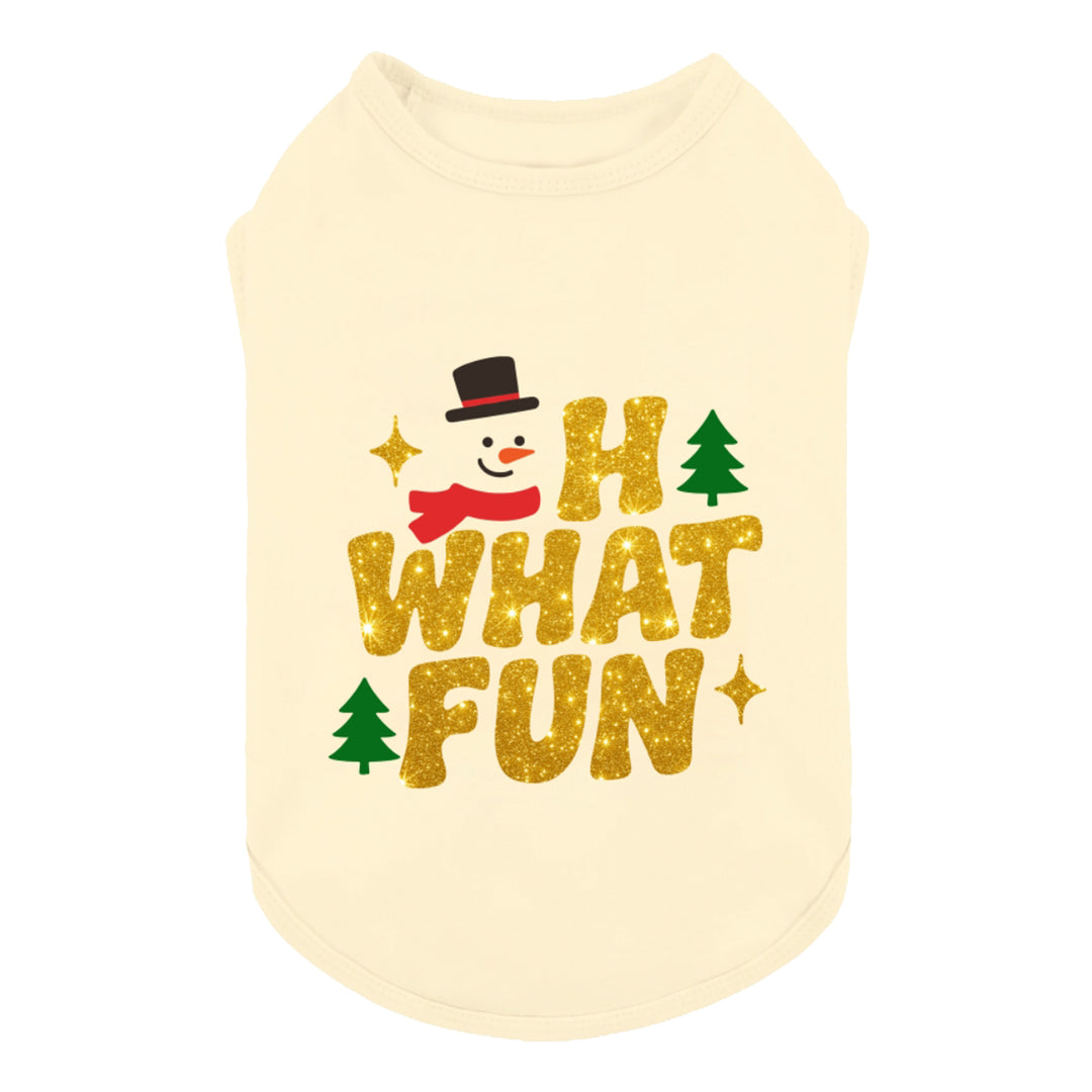 Beige dog shirt with glitter “Oh What Fun” lettering and cute snowman and tree prints.