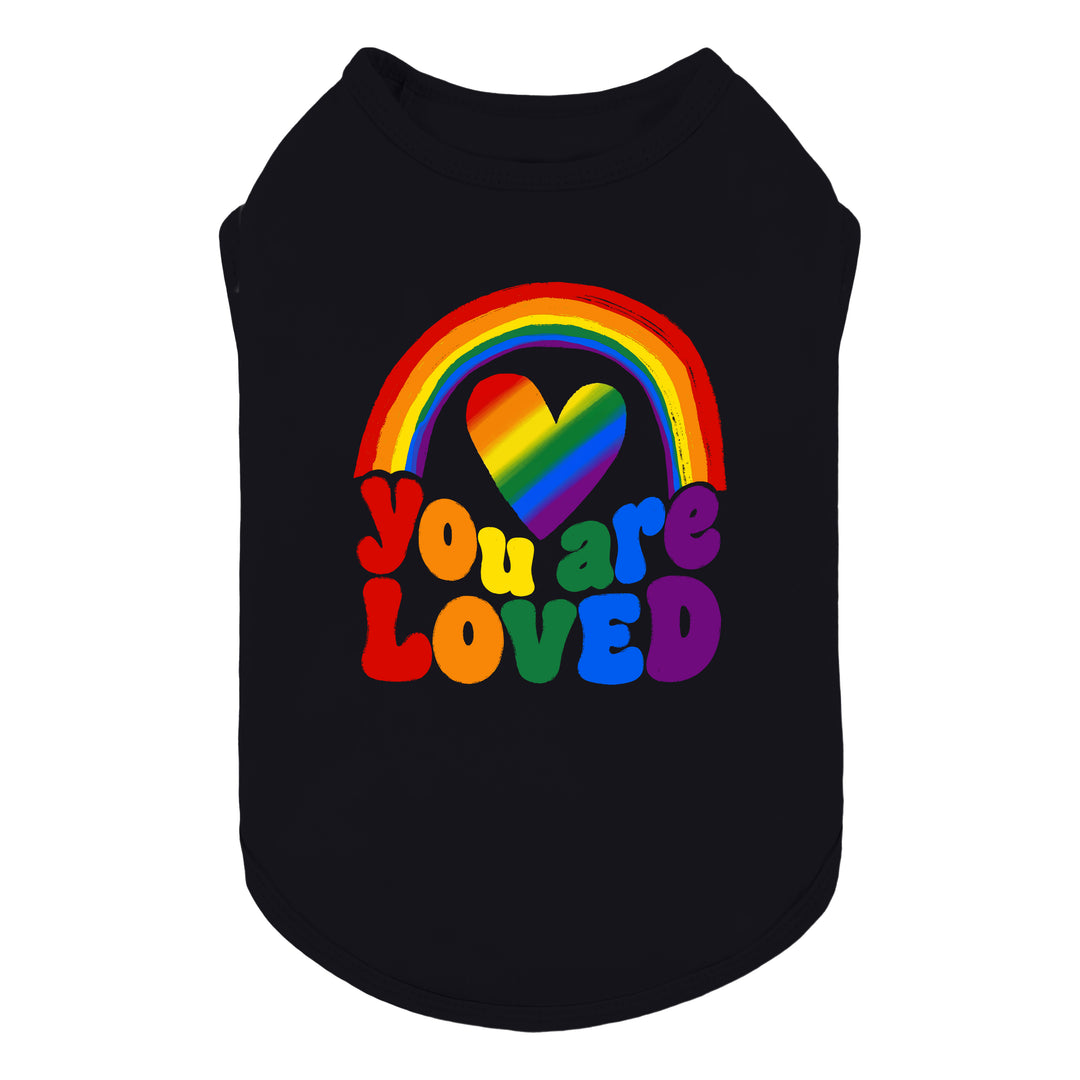 Black dog tank top with rainbow and heart design on a white background