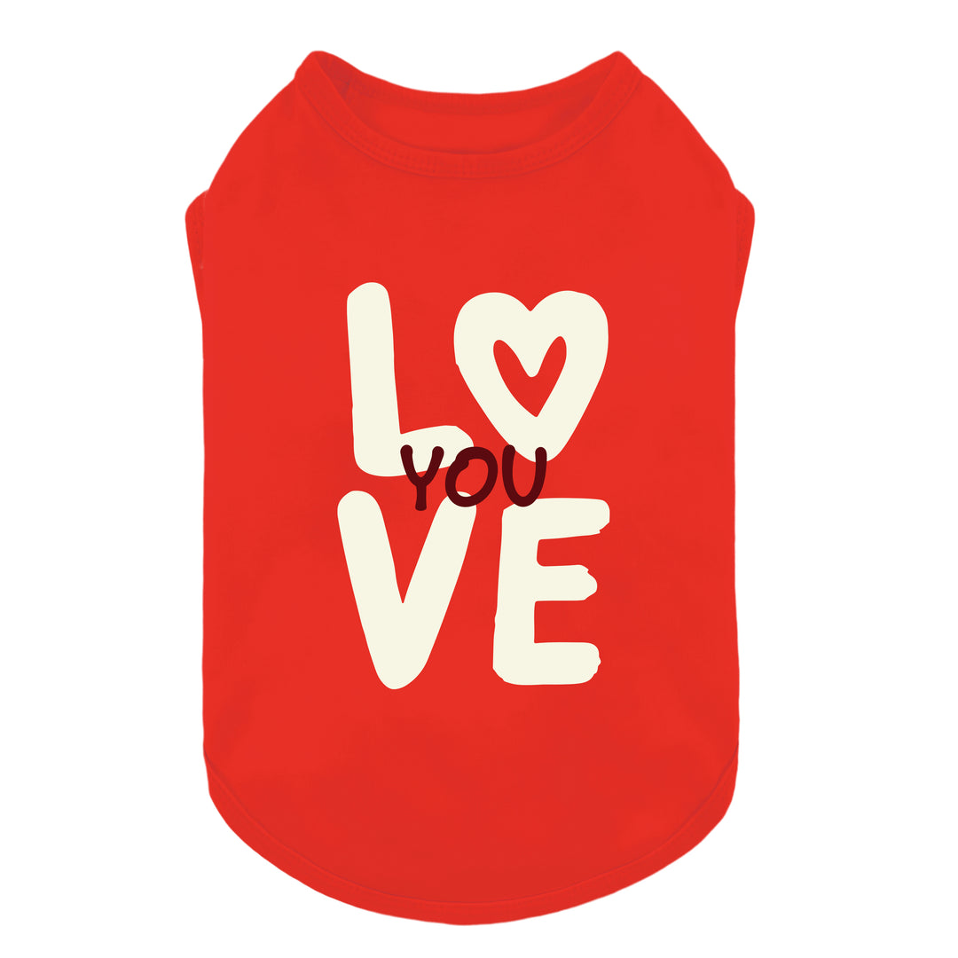 Red dog shirt with playful LOVE YOU lettering and heart design, ideal for Valentine’s Day.