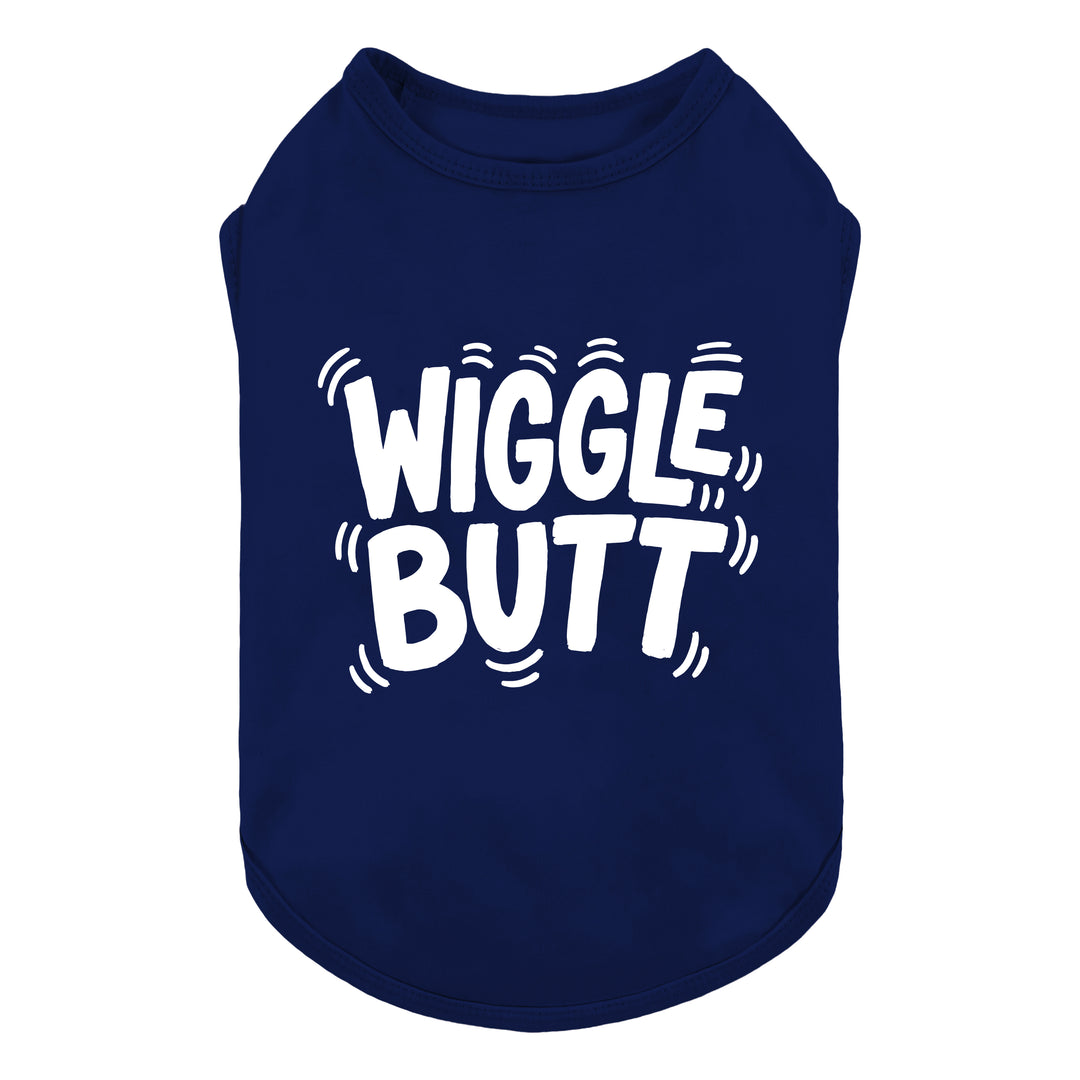 Navy blue dog tank top with 'WIGGLE BUTT' printed in bold white letters with sound wave accents, shown on a plain white background