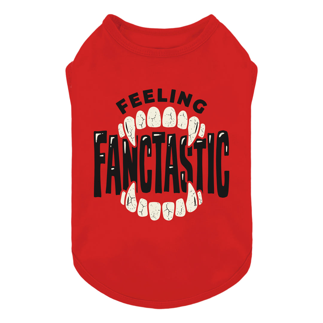 Red dog tank top featuring a graphic of vampire fangs with the text 'FEELING FANCTASTIC' in black and white, displayed on a solid white background