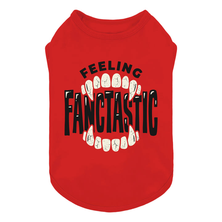 Red dog tank top featuring a graphic of vampire fangs with the text 'FEELING FANCTASTIC' in black and white, displayed on a solid white background