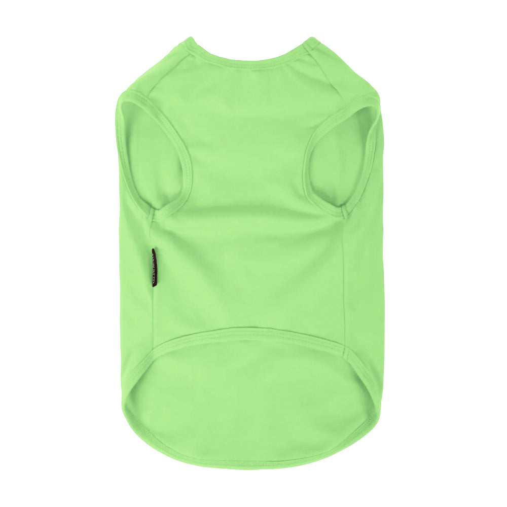 Solid light green dog shirt back view with sleeveless cut and smooth fit for comfort.