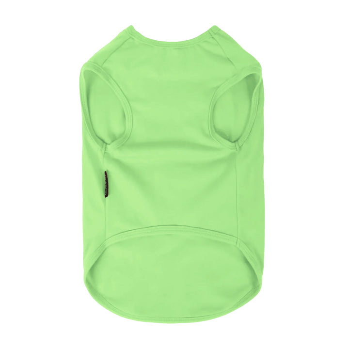 Solid light green dog shirt back view with sleeveless cut and smooth fit for comfort.