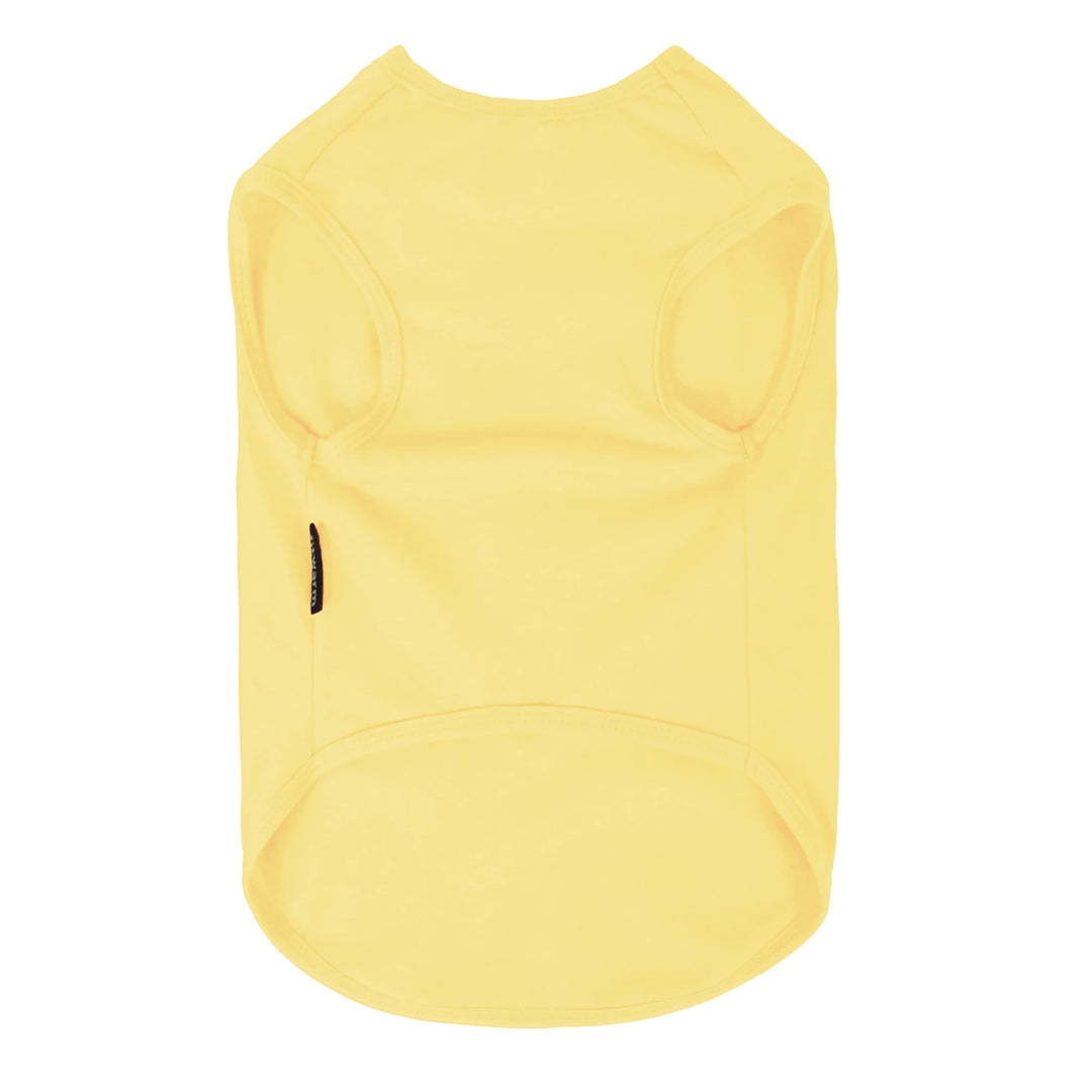 Solid yellow sleeveless dog shirt showing clean back design and smooth edges for everyday comfort