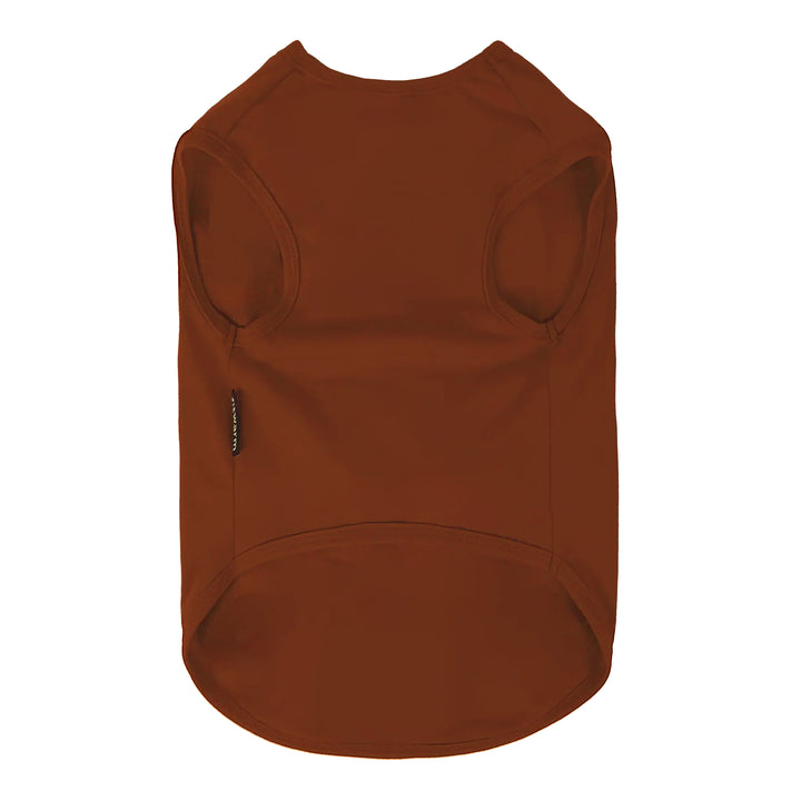 Back view of brown sleeveless dog shirt with smooth seams and curved hem.