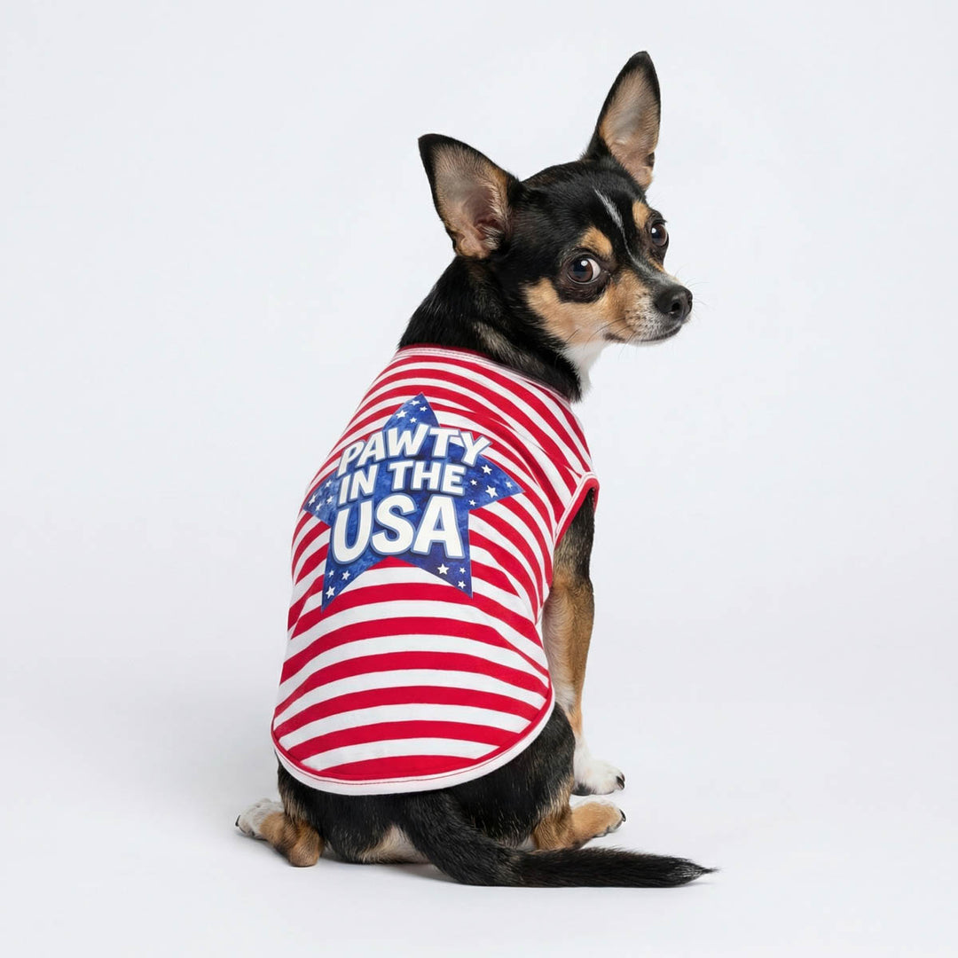 Back view of Chihuahua in a striped dog tank top with 'Pawty in the USA' lettering