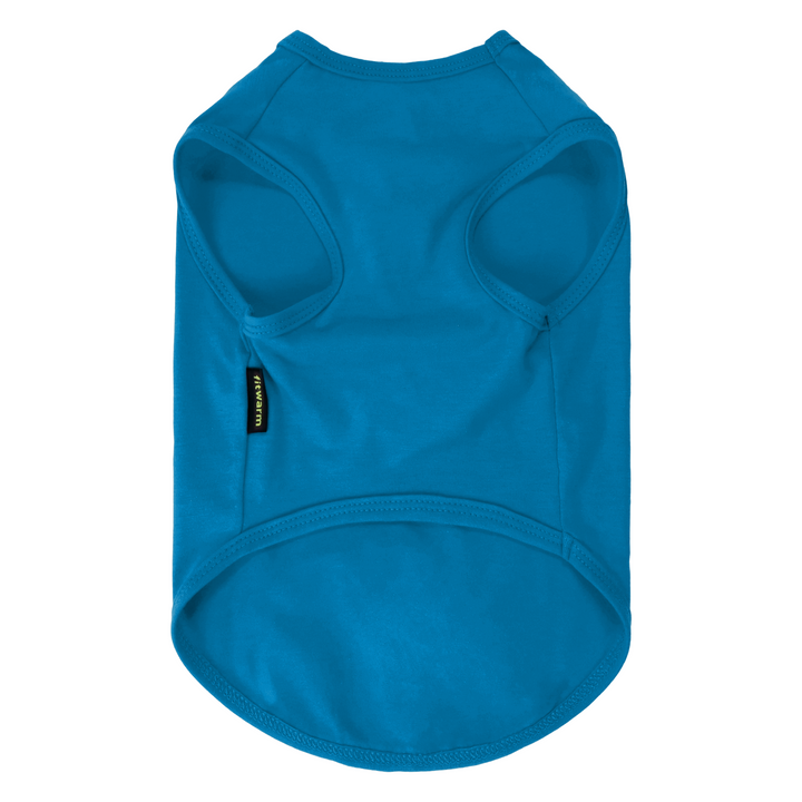 Back view of bold blue 'Paws Off My Human' dog tank top, cotton blend