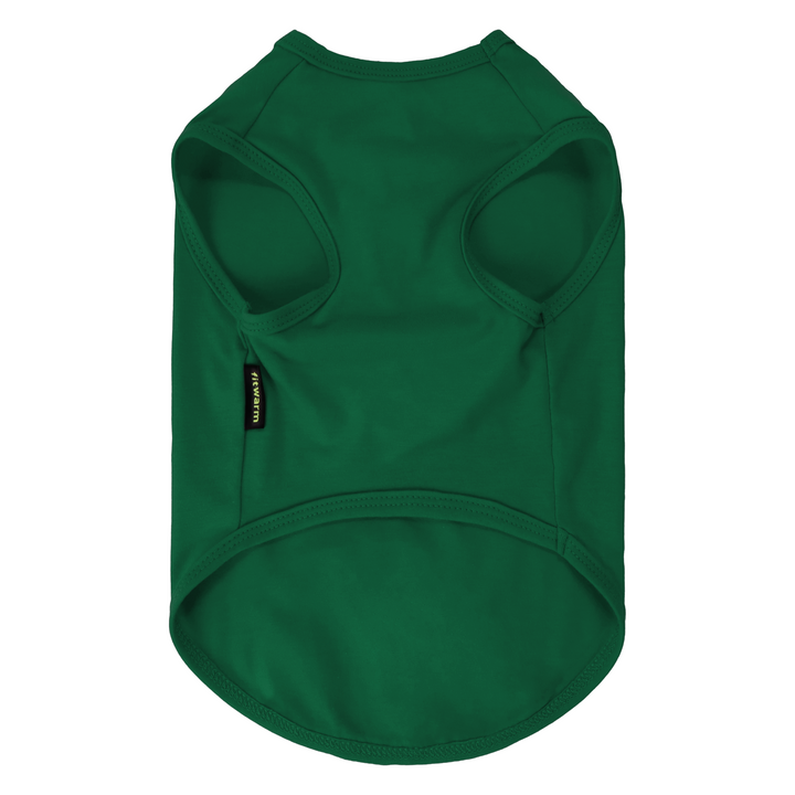 Green shirt for dogs shown flat against a white background, featuring a small black brand tag on the side