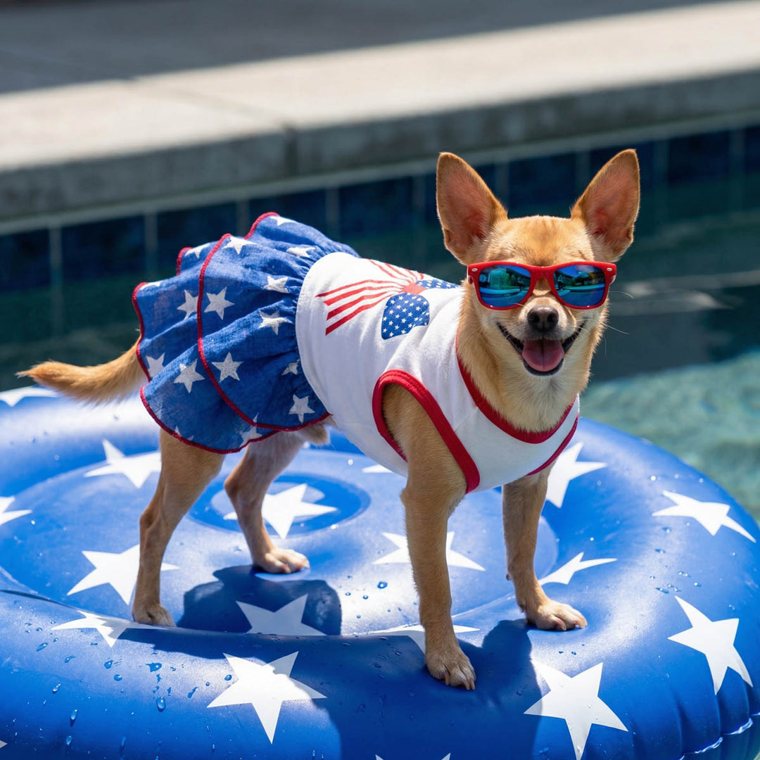 Dog wearing a patriotic dress for dogs and sunglasses on a pool float