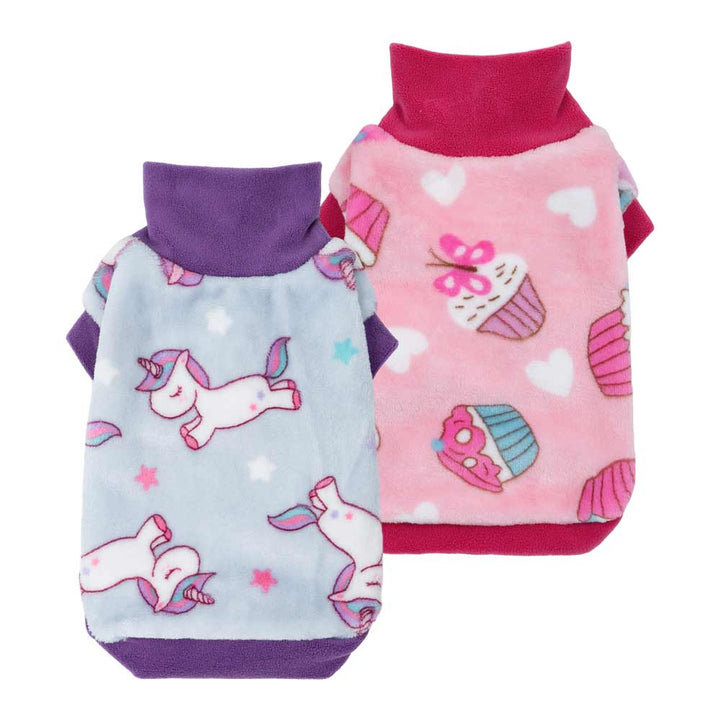 2 Pack Dog Fleece Sweaters: one blue with unicorns, one pink with cupcakes. Soft, warm, playful dog clothes.