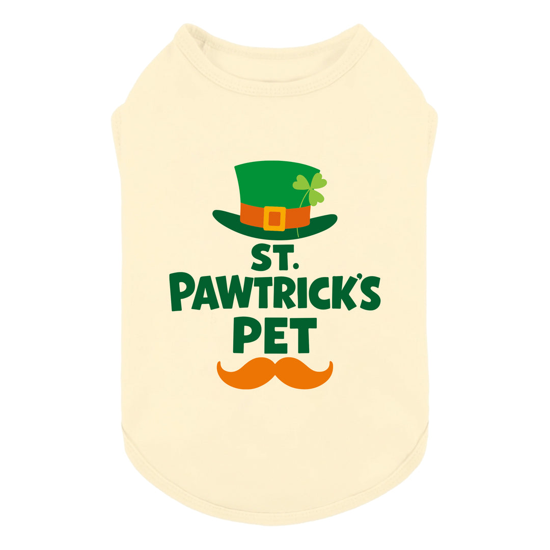 Cream-colored dog shirt with St. Pawtrick’s Pet graphic featuring green hat, shamrock, and mustache print.