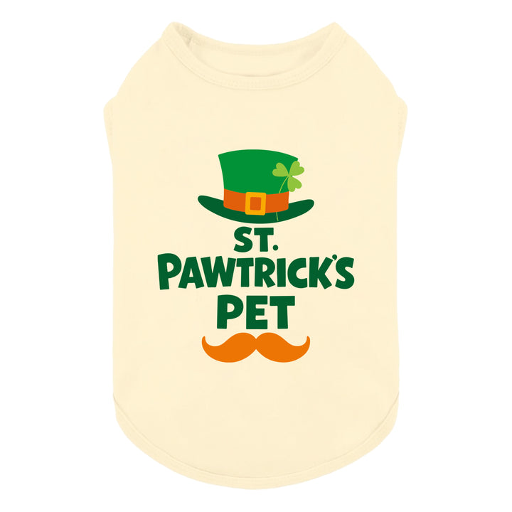 Cream-colored dog shirt with St. Pawtrick’s Pet graphic featuring green hat, shamrock, and mustache print.
