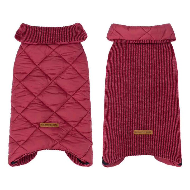 Reversible quilted knit dog coat in berry, showing diamond quilting and ribbed knit sides for versatile wear.