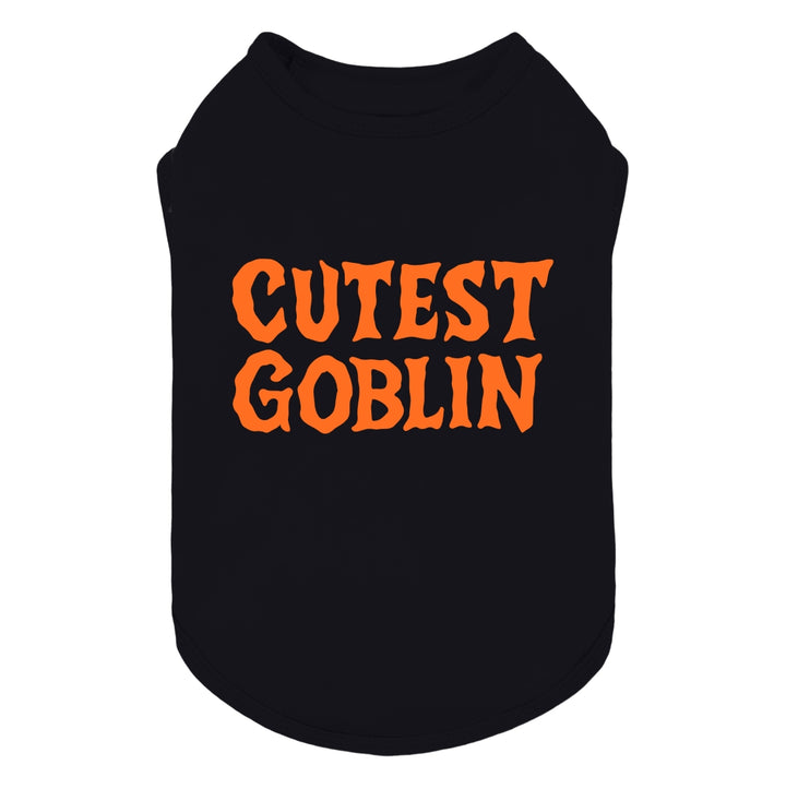 Halloween dog shirt in black with bold orange “Cutest Goblin” lettering on the back.