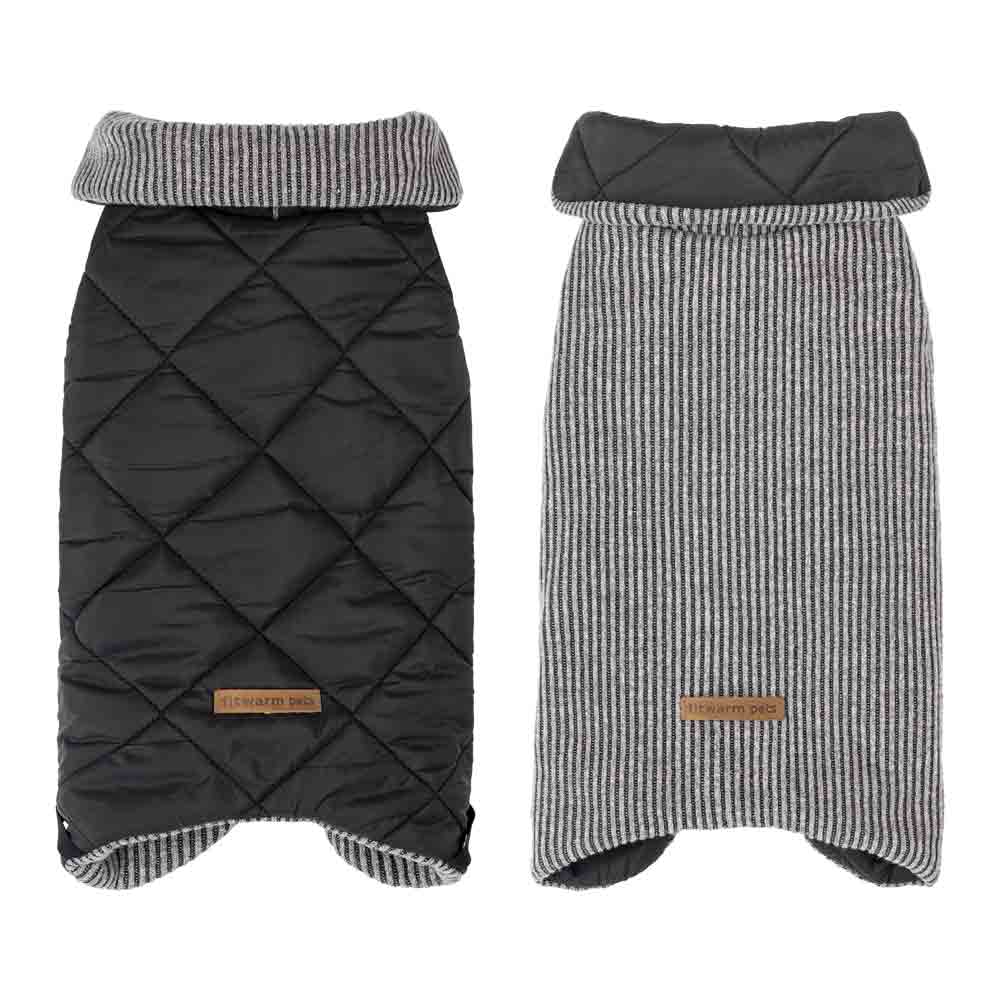 Reversible dog coat with quilted black side and gray striped knit side, featuring turtleneck design.