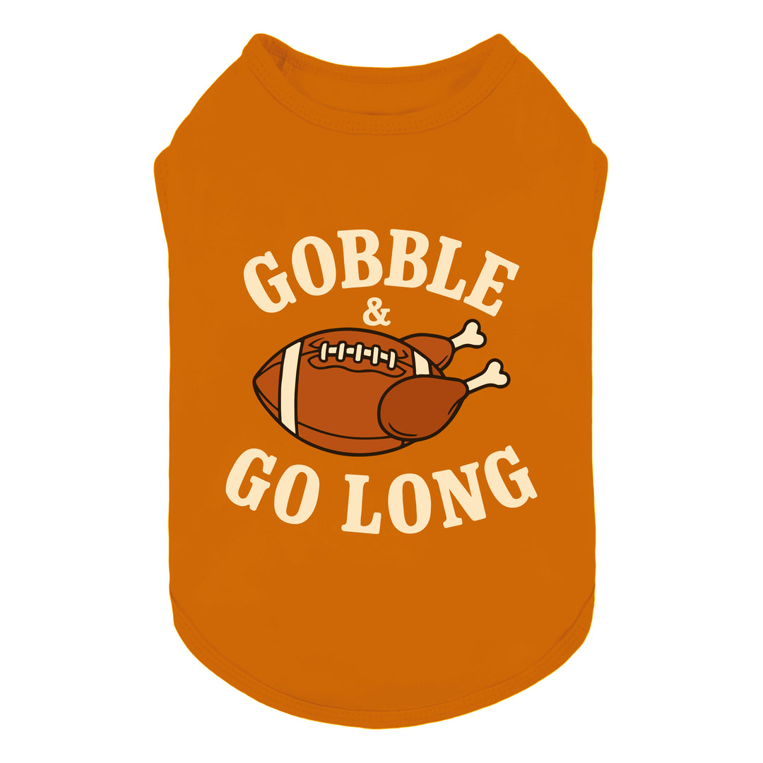Orange dog shirt with Thanksgiving football and turkey graphic reading "Gobble & Go Long."