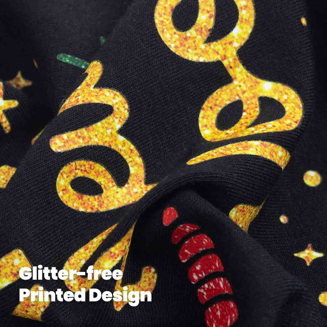 Black fabric with gold glittery lettering and red accents, labeled 'Glitter-free Printed Design'.