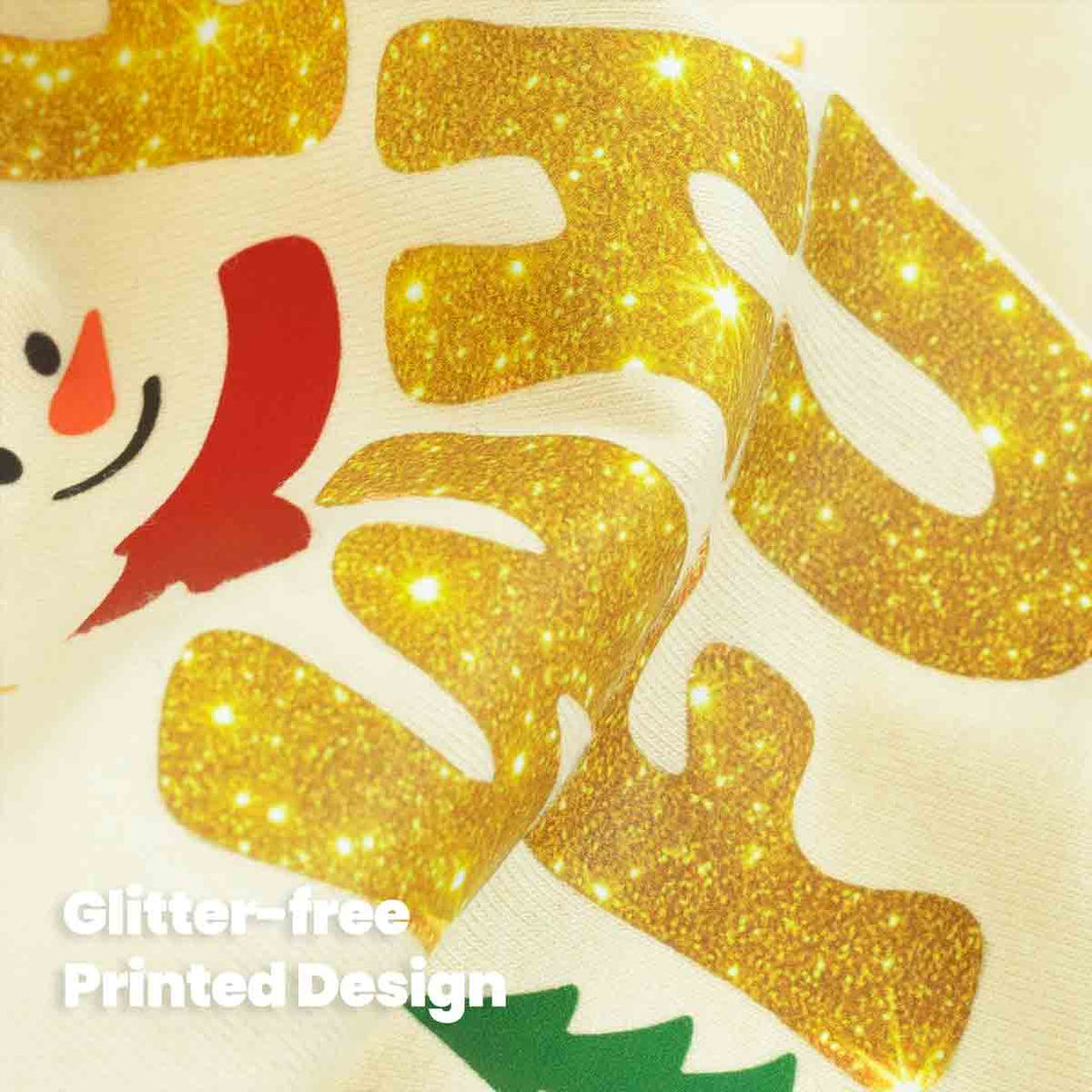 Cotton blend fabric closeup showing glitter free printed design on cream dog shirt