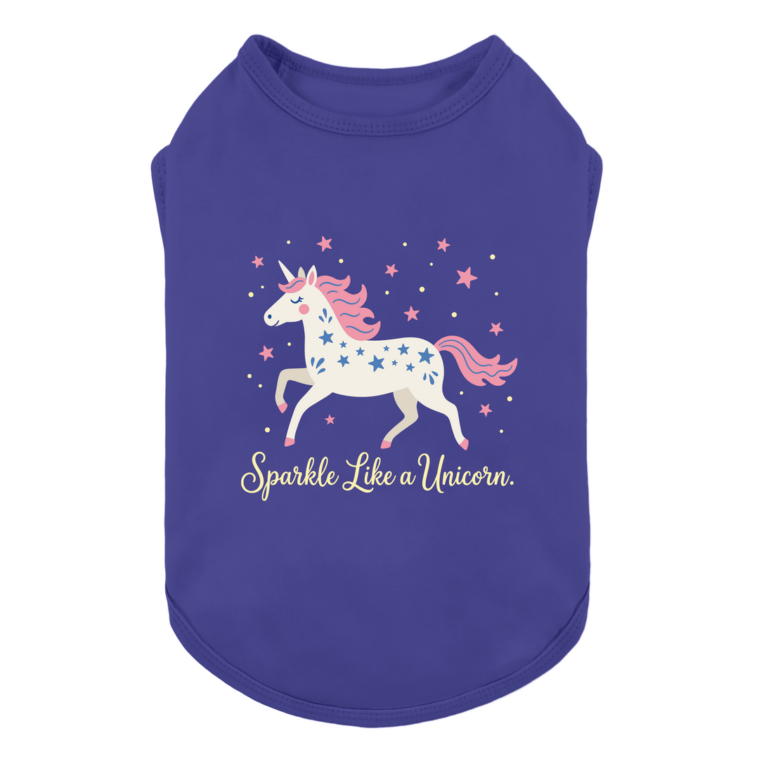 Purple dog tank top featuring a white unicorn with a pink mane and tail, decorated with blue stars, and the text 'Sparkle Like A Unicorn.' in yellow script