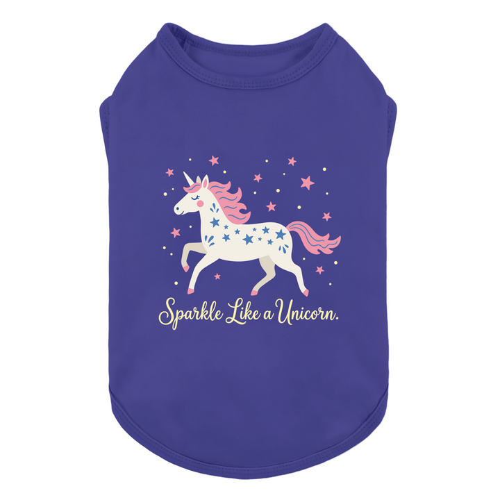 Purple dog tank top featuring a white unicorn with a pink mane and tail, decorated with blue stars, and the text 'Sparkle Like A Unicorn.' in yellow script