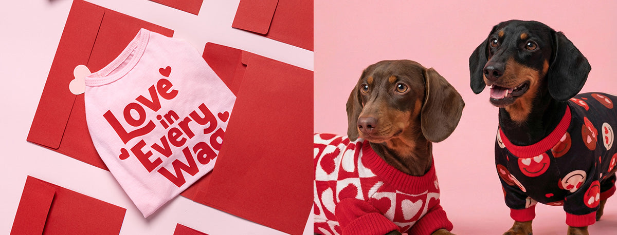 Dachshunds wearing Valentine theme dog clothes