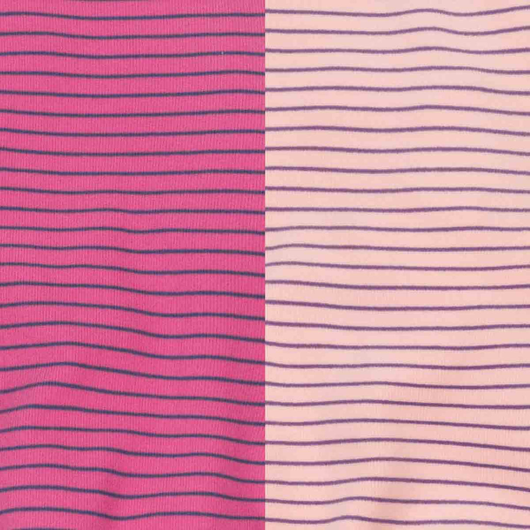 Two close-up fabric swatches side by side, each showing a fine horizontal stripe pattern