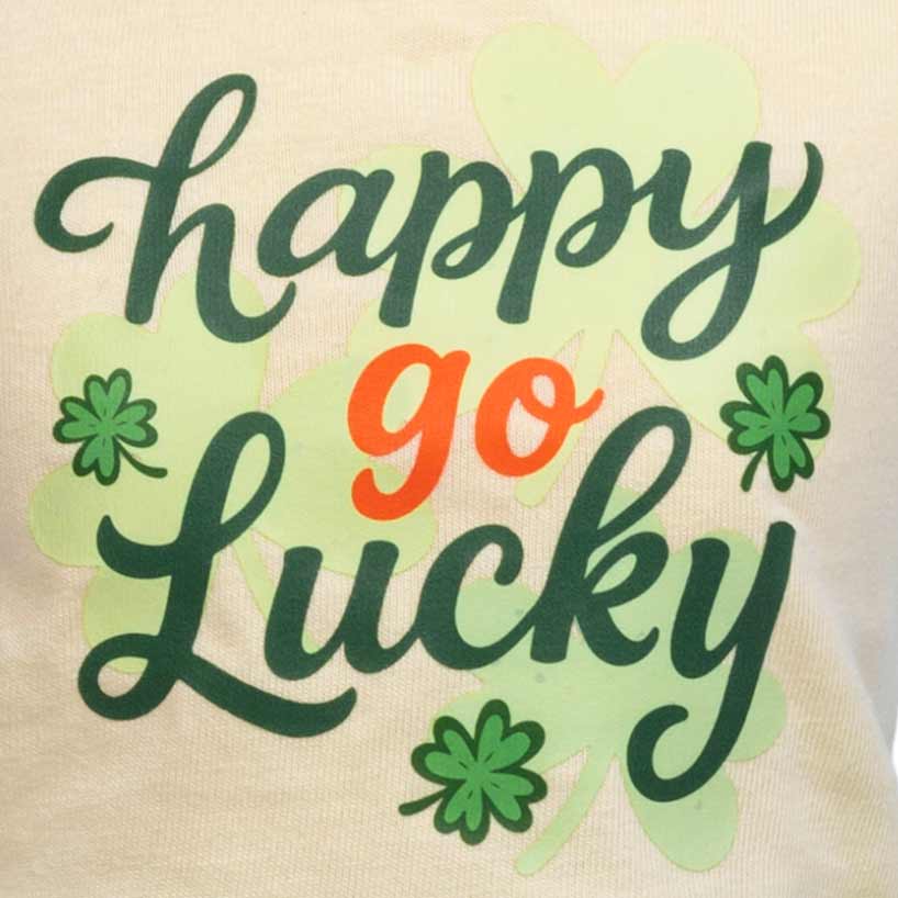 Happy Go Lucky graphic print detail on St. Patrick’s Day style dog dress.