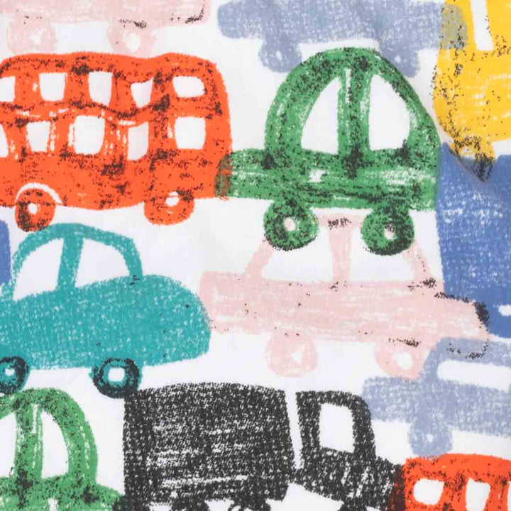 Colorful pattern of crayon cars and trucks on a white background