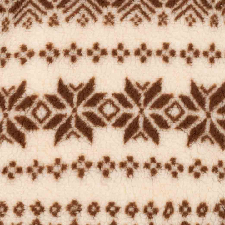 Close-up detail of dog hoodie fabric showing brown and cream geometric fleece pattern texture