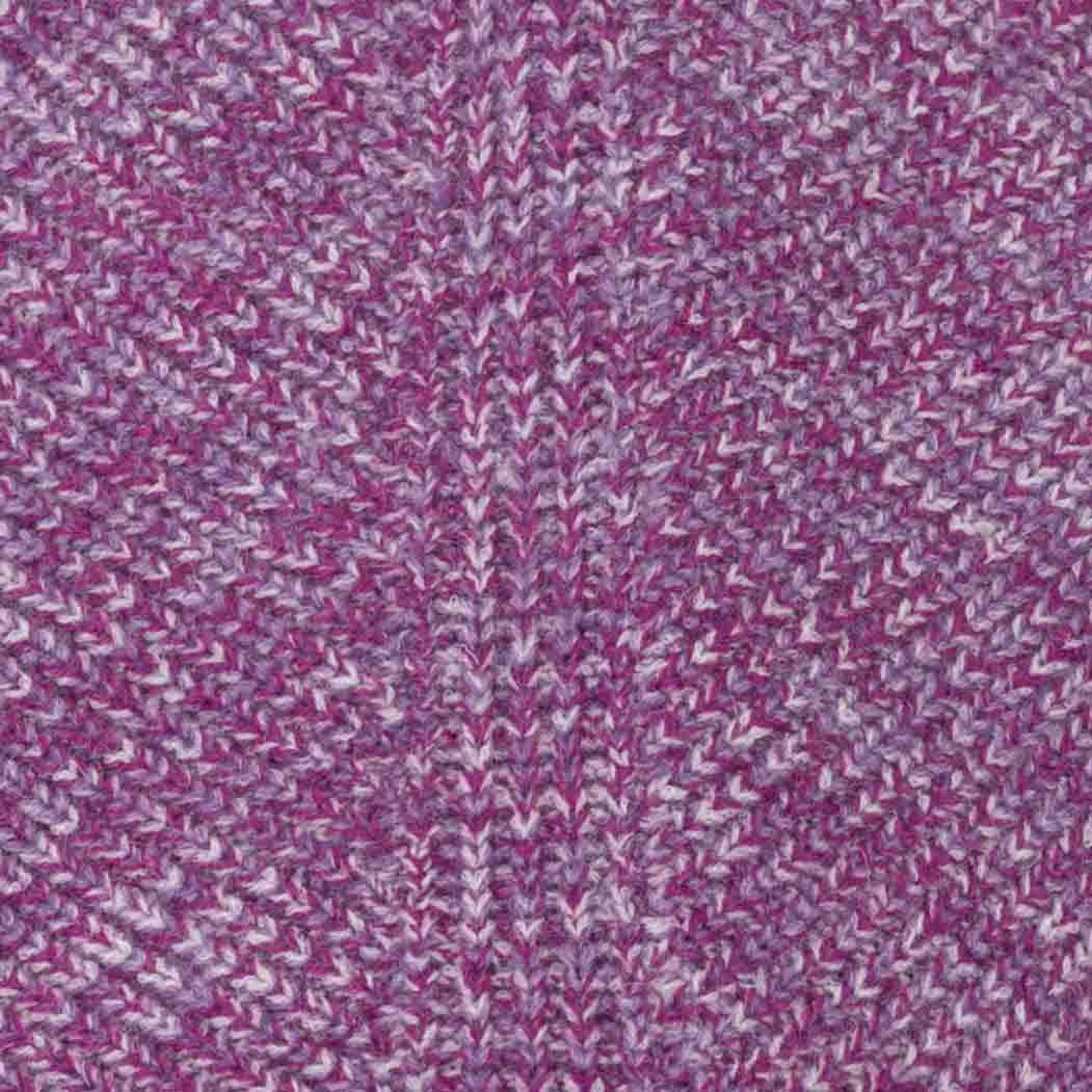 Close-up of a heathered knit fabric in shades of purple, magenta, and light lavender, showing a textured v-stitch pattern
