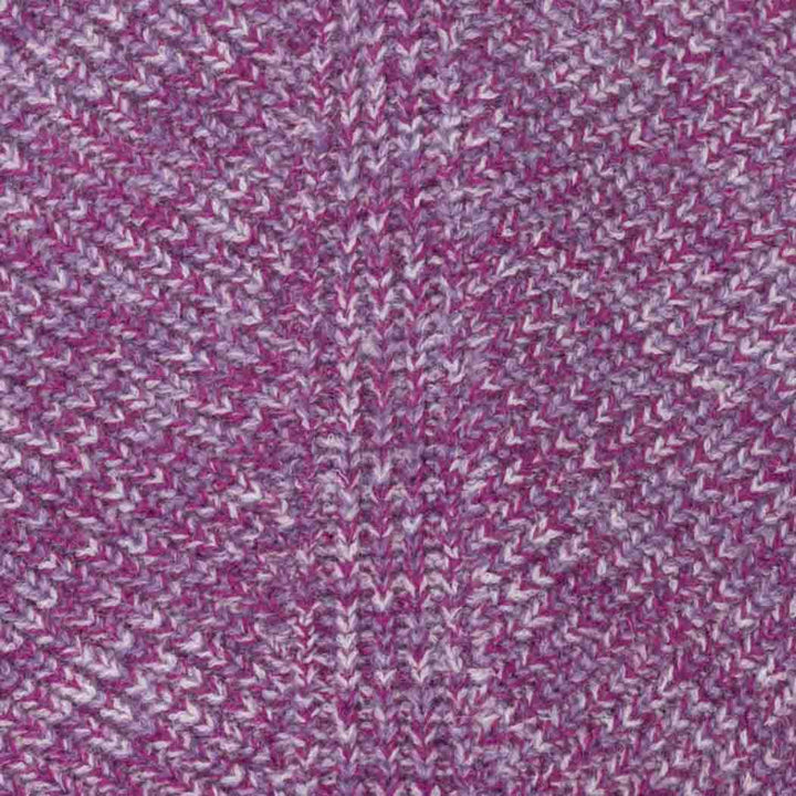 Close-up of a heathered knit fabric in shades of purple, magenta, and light lavender, showing a textured v-stitch pattern
