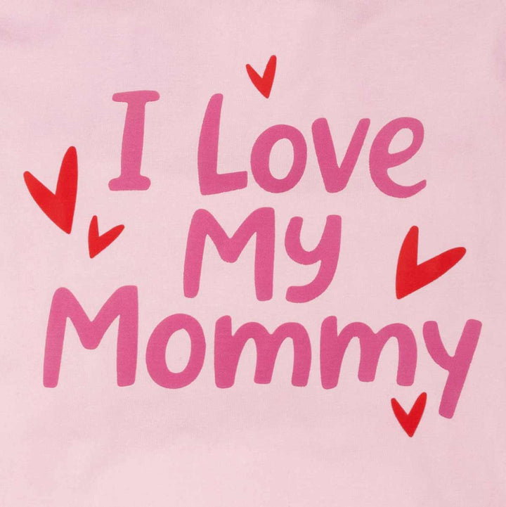Pink dog summer shirt with 'I Love My Mommy' text and red hearts on a pink background