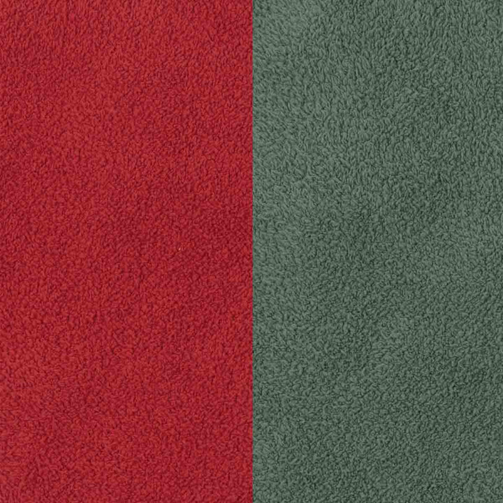 Close-up of a textured fabric shown in two vertical color blocks: red on the left and muted green on the right