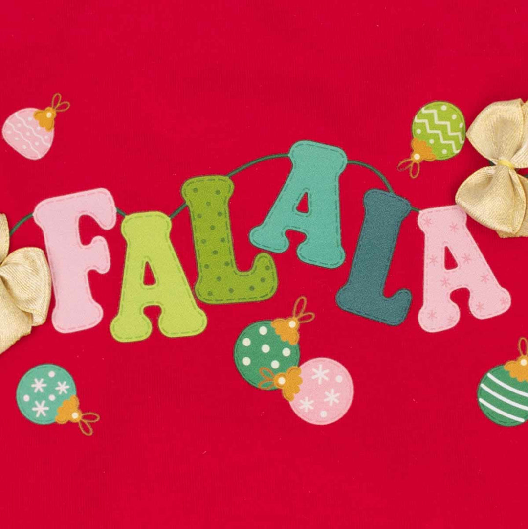Festive 'FALALA' lettering in pink, green, and teal, decorated with matching patterned Christmas ornaments and gold ribbons on a bright red background