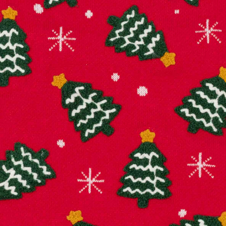 Red fabric with a repeating Christmas tree and snowflake pattern