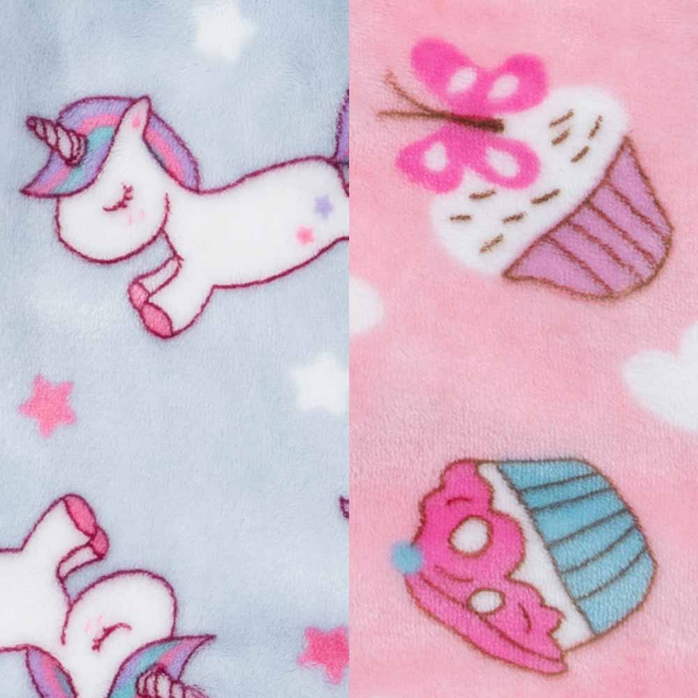 Light blue fleece with unicorns & stars; pink fleece with cupcakes & butterflies. Plush texture. Product patterns.
