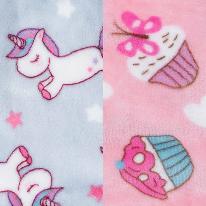 Light blue fleece with unicorns & stars; pink fleece with cupcakes & butterflies. Plush texture. Product patterns.