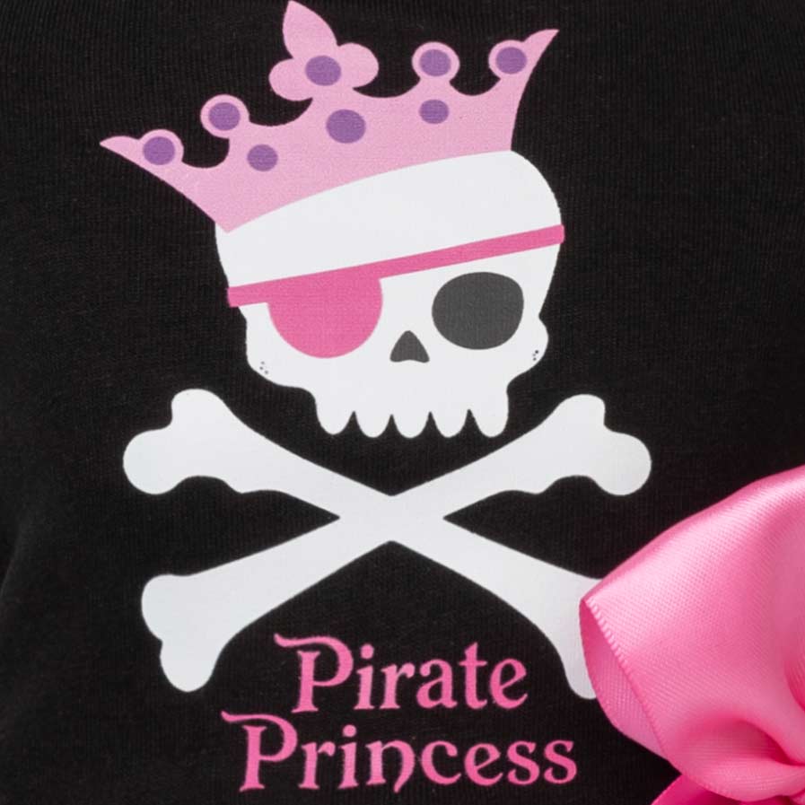 Close-up of a black Halloween dog tulle dress featuring a pirate skull and crossbones graphic with a pink crown, pink eyepatch, and the words 'Pirate Princess' in pink