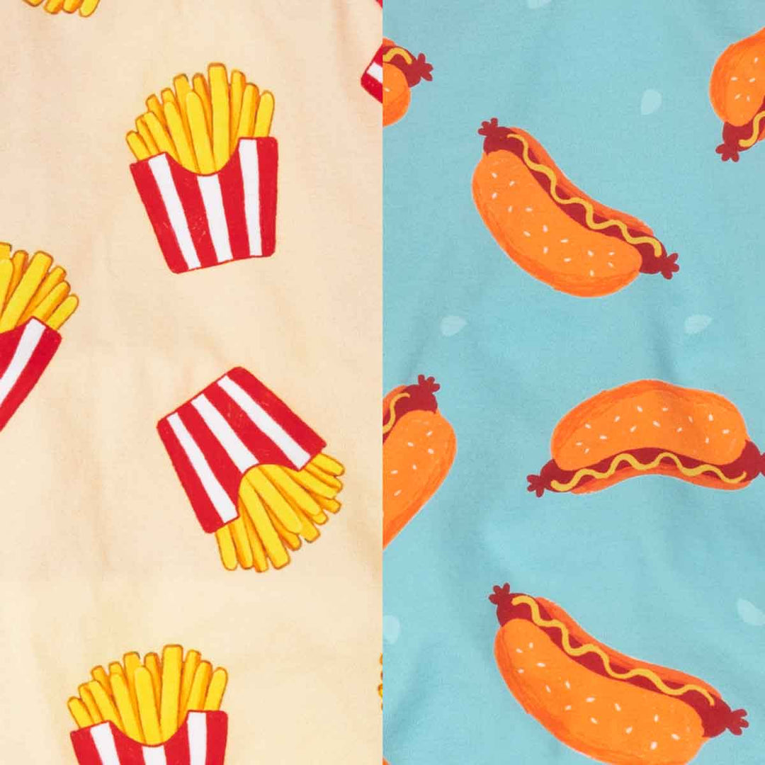 Two fabric swatches with fast food patterns: one with fries and the other with hot dogs.