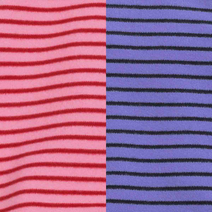 Texture detail of pink and purple striped dog pajamas lightweight velvet fabric