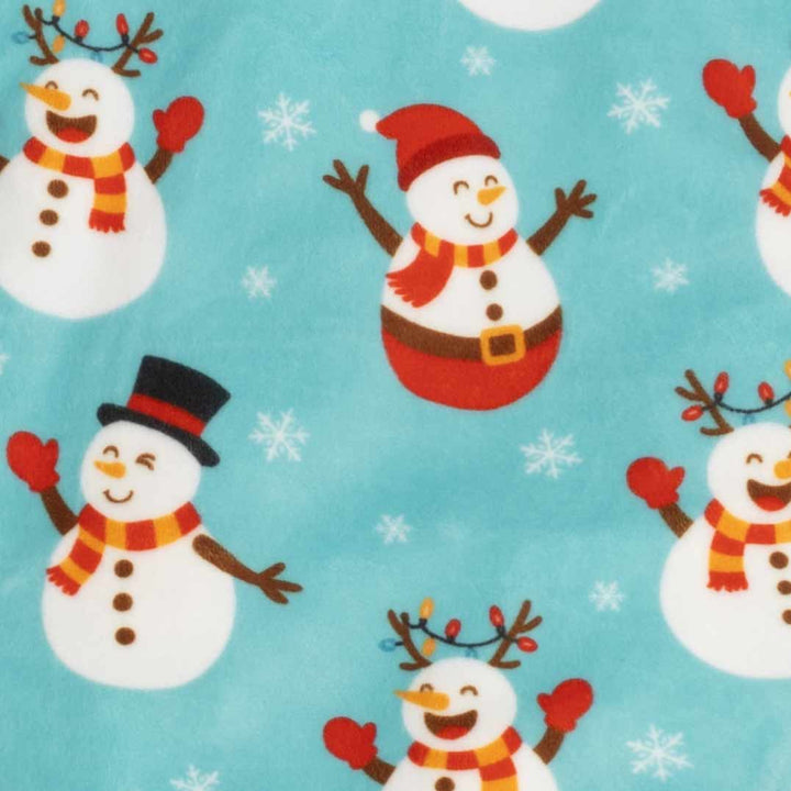 Teal fabric with cheerful snowman print, perfect for dog Christmas pajamas.