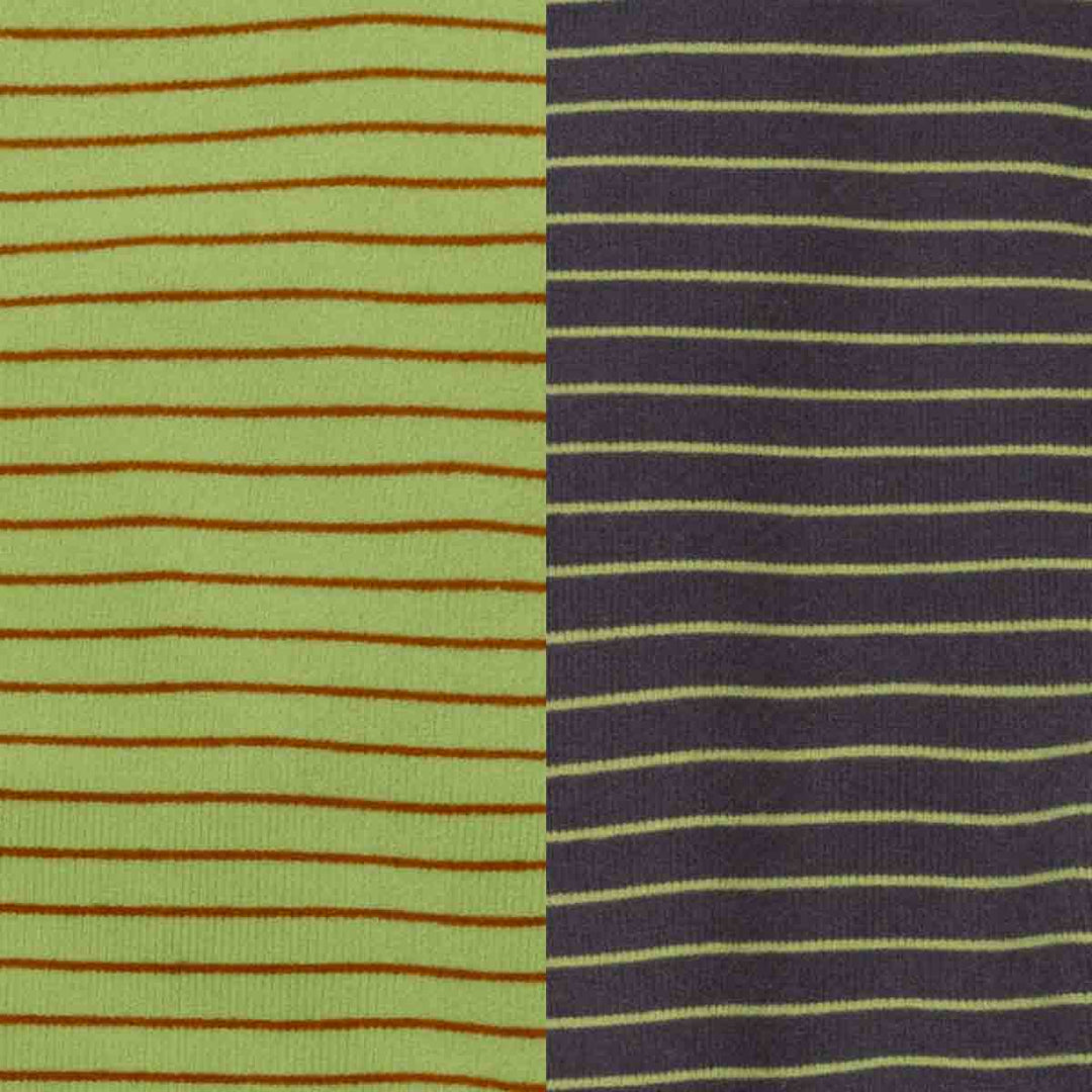 Two vertical fabric panels with stripes: the left panel is light yellow-green with thin brown stripes, and the right panel is dark gray with thin green stripes