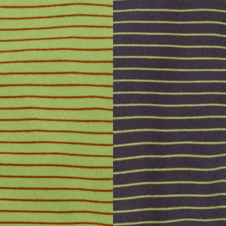 Two vertical fabric panels with stripes: the left panel is light yellow-green with thin brown stripes, and the right panel is dark gray with thin green stripes