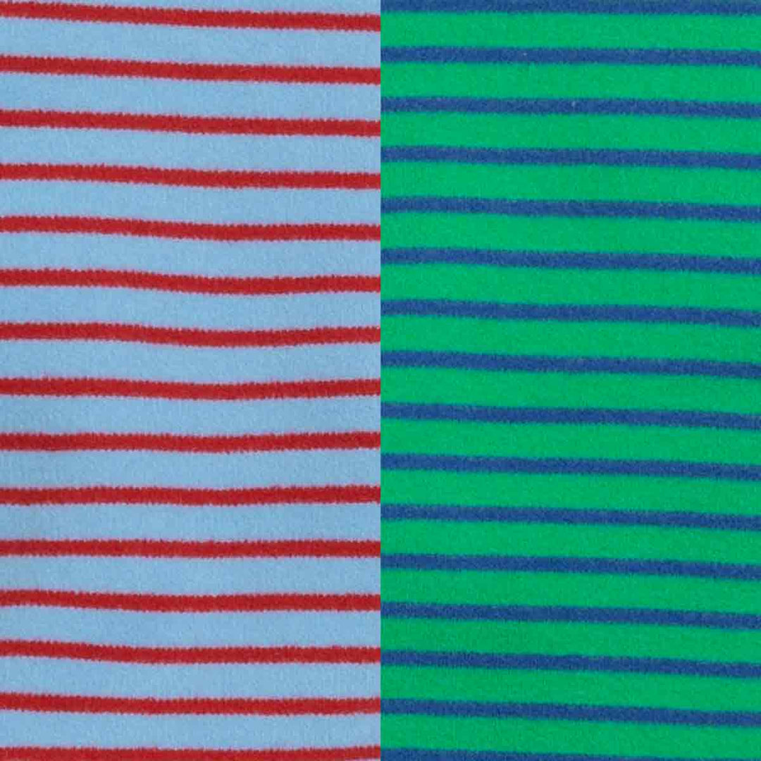 Fabric comparison of striped dog pajamas showing blue-red and green-blue color variations.