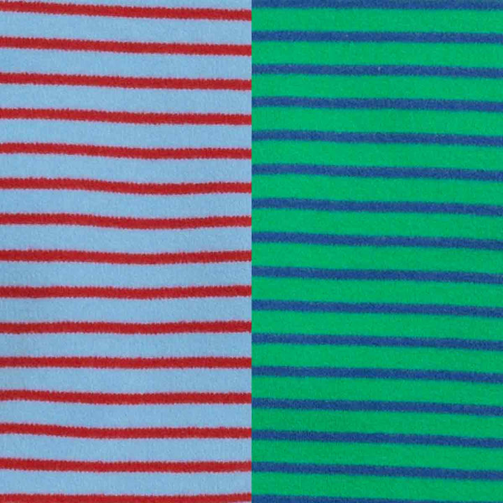 Fabric comparison of striped dog pajamas showing blue-red and green-blue color variations.