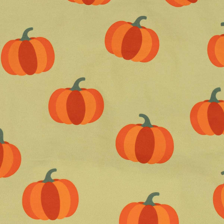 Repeating pattern of stylized orange pumpkins with dark green stems on a beige background